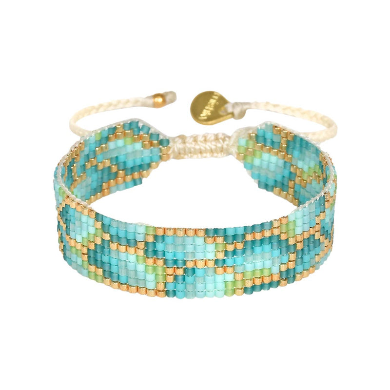 Conchas adjustable bracelet 12134 S: Turquoise_Gold_Light green / Miyuki Beads / Adjustable