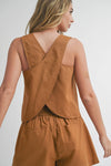T3187ST CROSSED BACK DETAIL LINEN TOP: L / TOFFEE