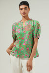 Jade Floral Kenni Split Neck Top: KELLY-RED-PINK / S