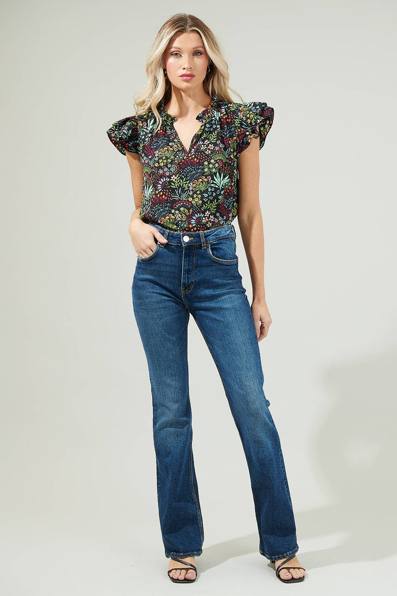 Yorbie Floral Bellissima Ruffle Sleeve Top: BLACK-MULTI / S