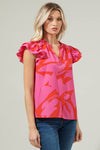 Jolene Abstract Bellissima Ruffle Sleeve Top: RED-FUCHSIA / XS