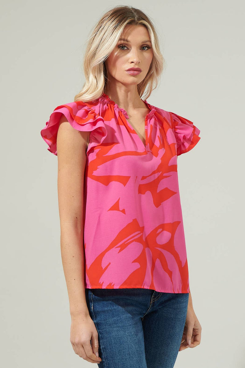 Jolene Abstract Bellissima Ruffle Sleeve Top: RED-FUCHSIA / M