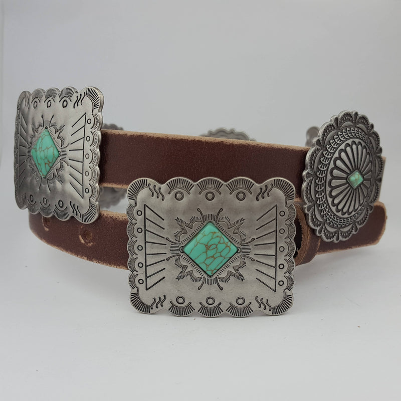 Western Genuine Distressed Leather belt Alternating Conchos: Black / M/L