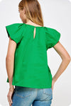 V-Neck Puff Sleeves Poplin Top: Green / S