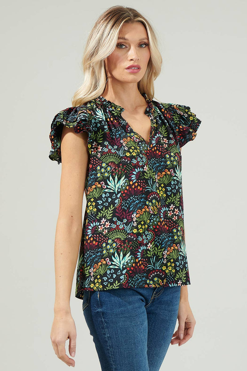 Yorbie Floral Bellissima Ruffle Sleeve Top: BLACK-MULTI / XS