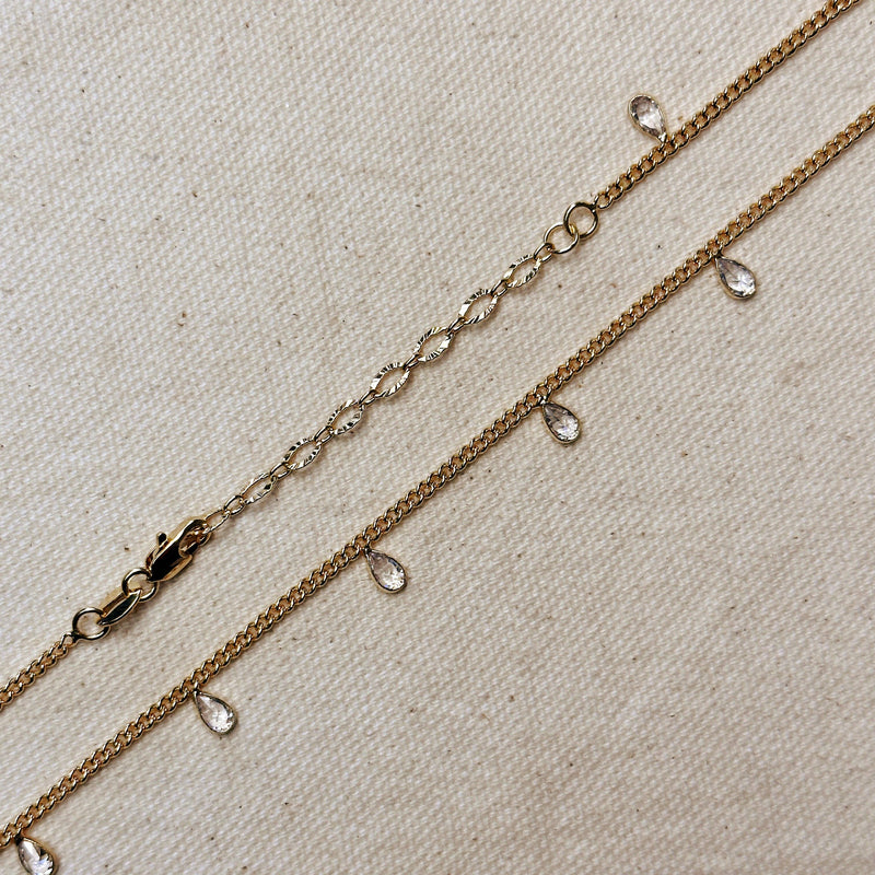 18k Gold Filled 2mm Curb Chain With Bezel CZ Drops Necklace: 14+2 extender