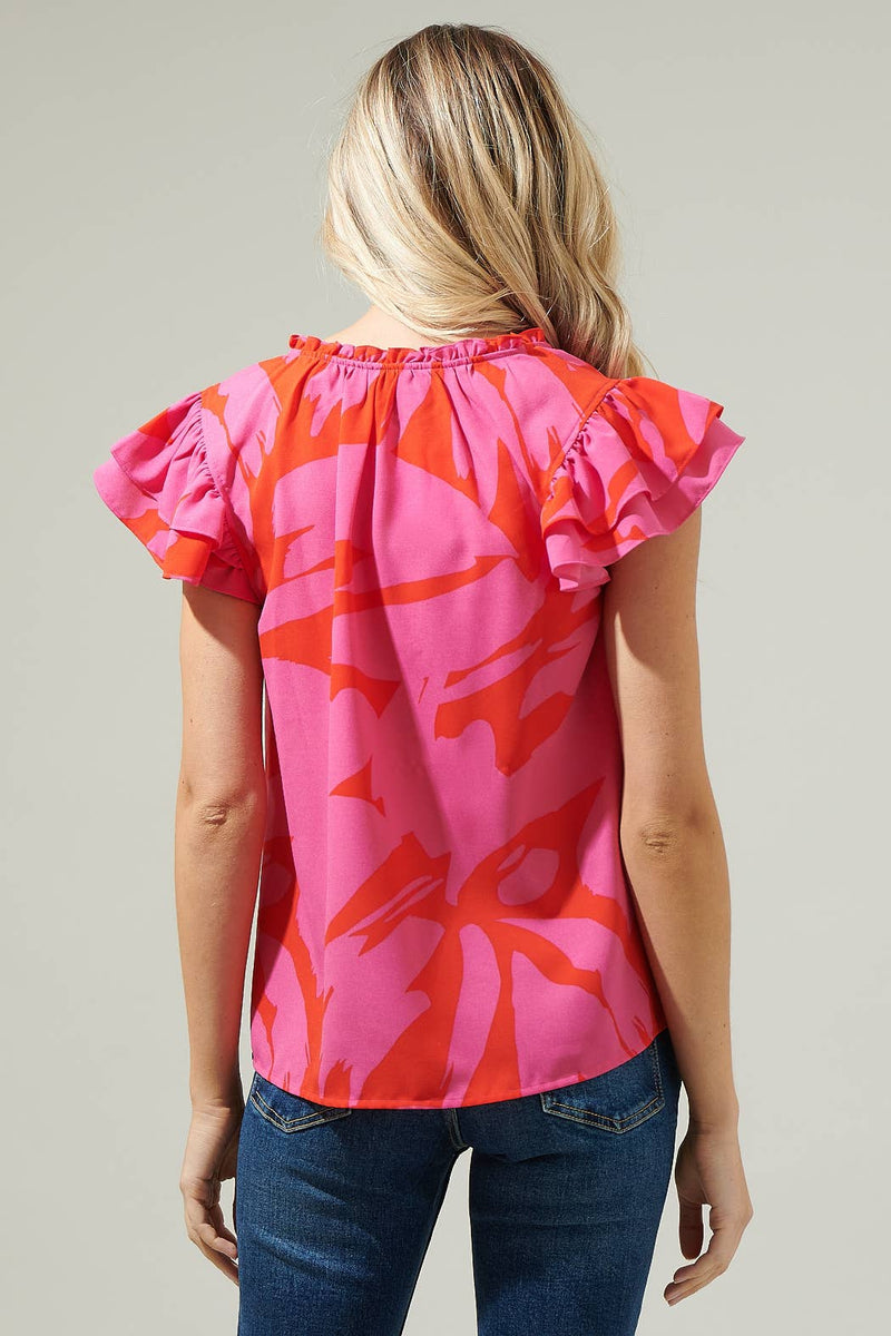 Jolene Abstract Bellissima Ruffle Sleeve Top: RED-FUCHSIA / M