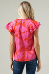 Jolene Abstract Bellissima Ruffle Sleeve Top: RED-FUCHSIA / XS