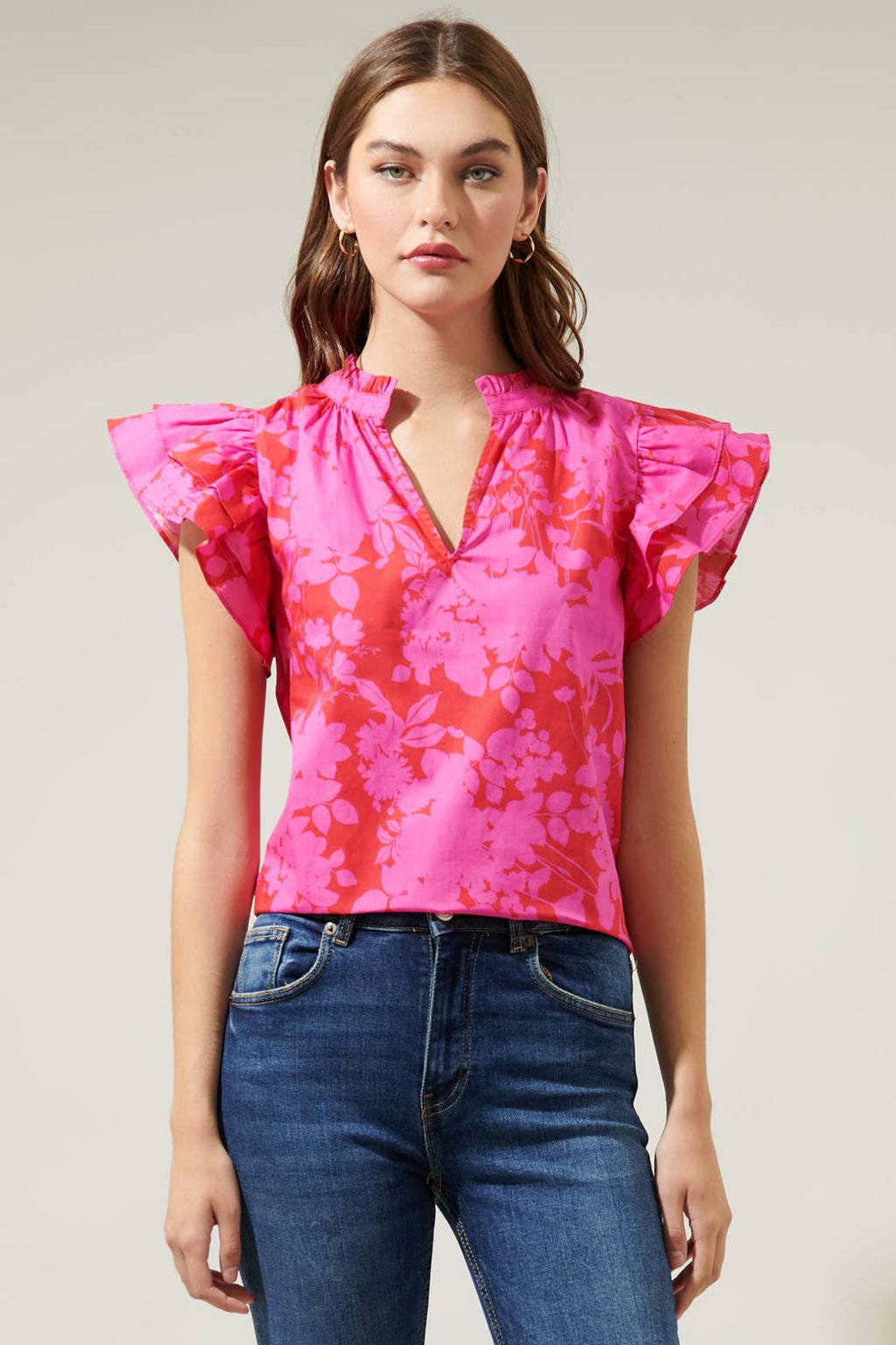 Blissa Floral Ruffle Sleeve Top: CHERRY-FUCHSIA / L