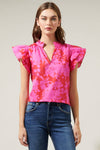 Blissa Floral Ruffle Sleeve Top: CHERRY-FUCHSIA / XL