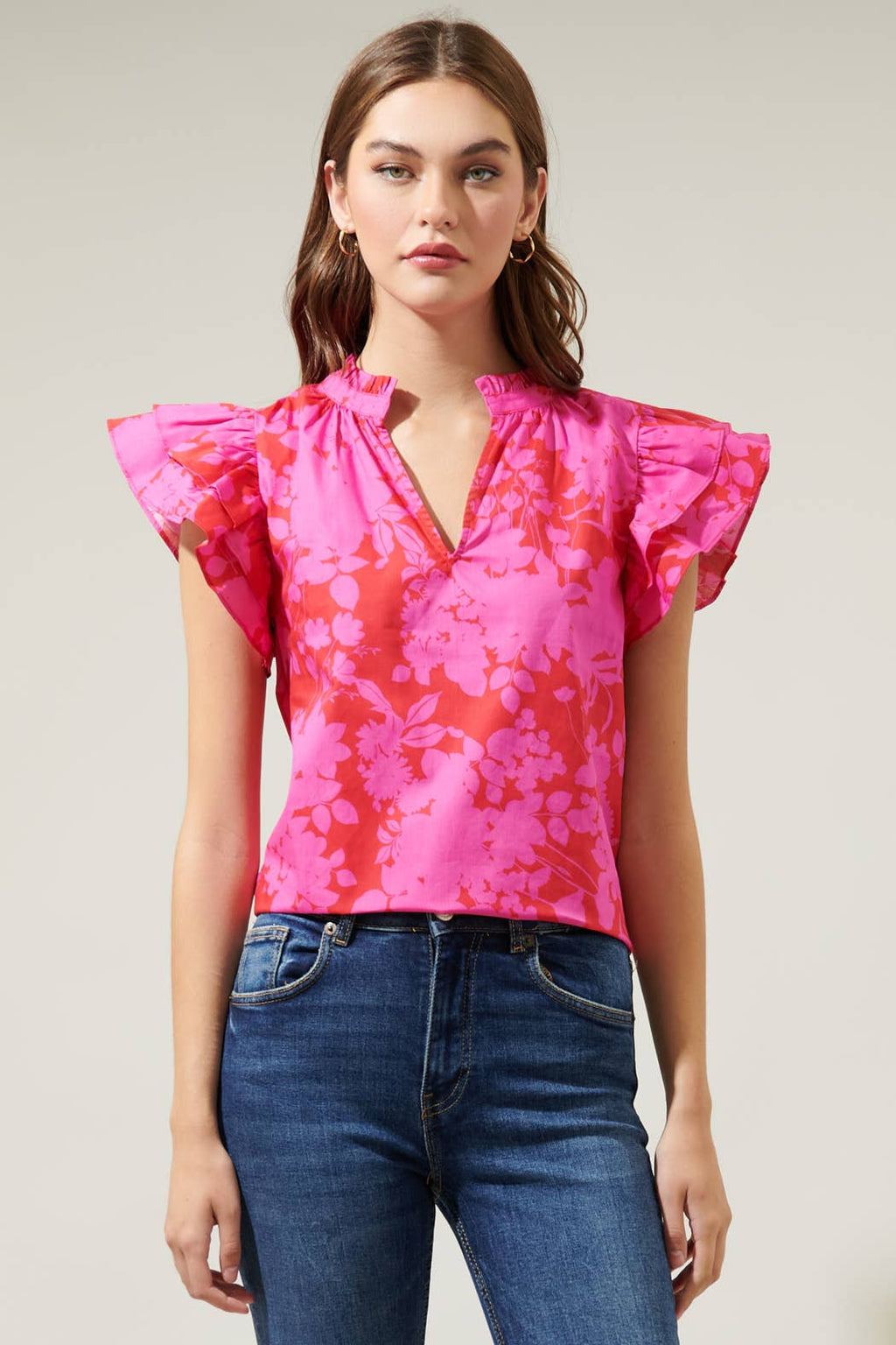 Blissa Floral Ruffle Sleeve Top: CHERRY-FUCHSIA / XL