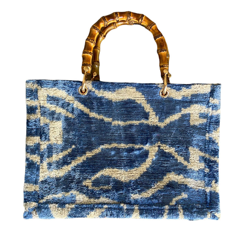 Silk Velvet Ikat Small Tote Bag with Bamboo Handle