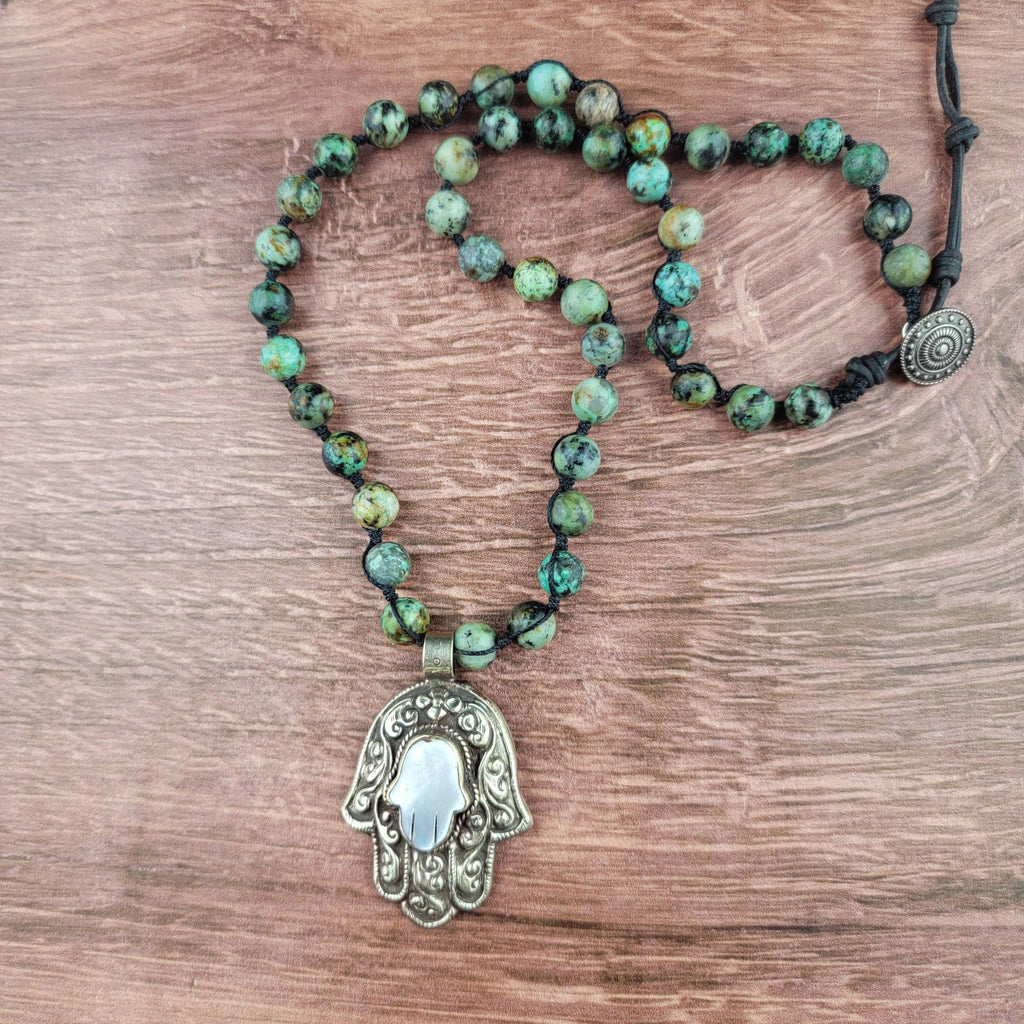 Tibetan Mother of Pearl Hamsa Pendant Beaded Necklace