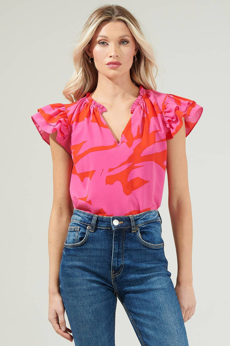 Jolene Abstract Bellissima Ruffle Sleeve Top: RED-FUCHSIA / XS