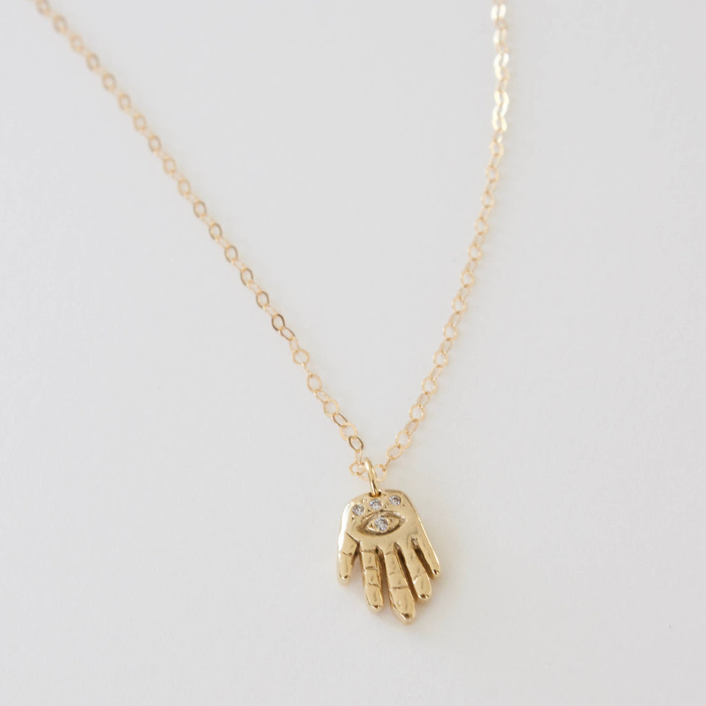 HAMMERED HAMSA HAND WITH CZ CHARM NECKLACE