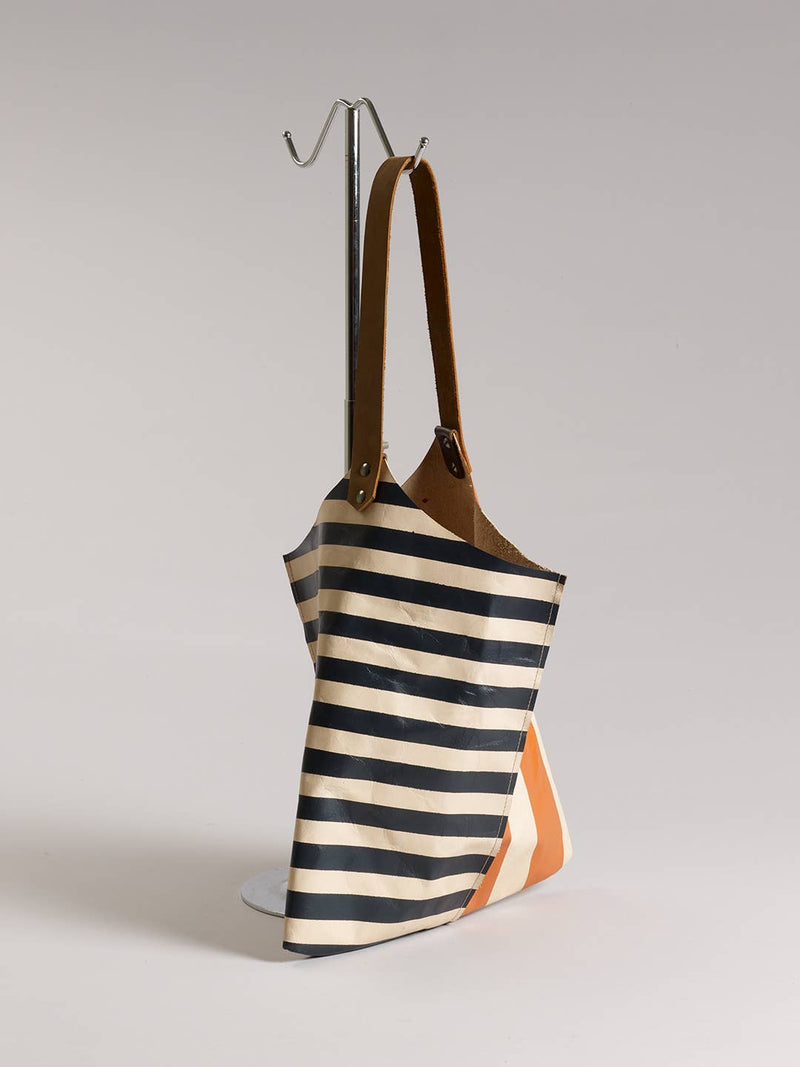 Leather Wedge Tote 16inch Veg tan with graphic stripes