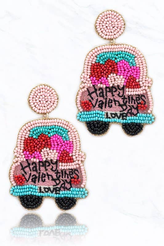 Happy Valentines Day Truck Seed Bead Post Earrings