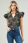 Yorbie Floral Bellissima Ruffle Sleeve Top: BLACK-MULTI / L