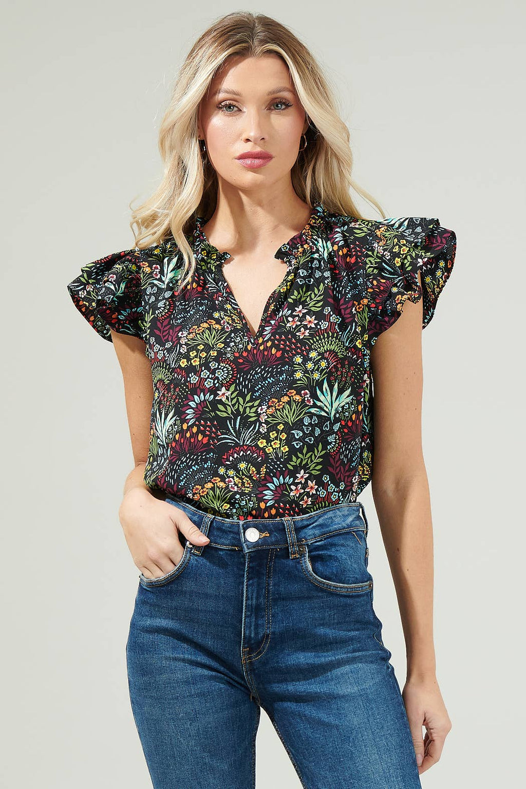 Yorbie Floral Bellissima Ruffle Sleeve Top: BLACK-MULTI / XL