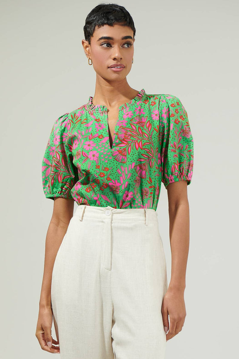 Jade Floral Kenni Split Neck Top: KELLY-RED-PINK / XS