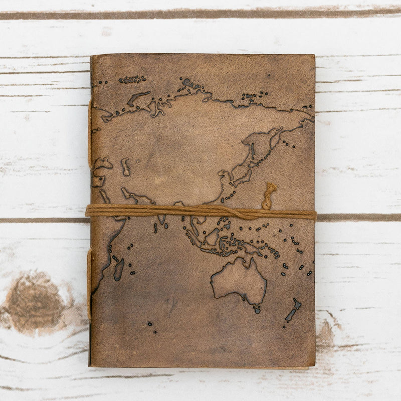 World Map 7x5 Handmade Leather Journal: Blonde/Tan