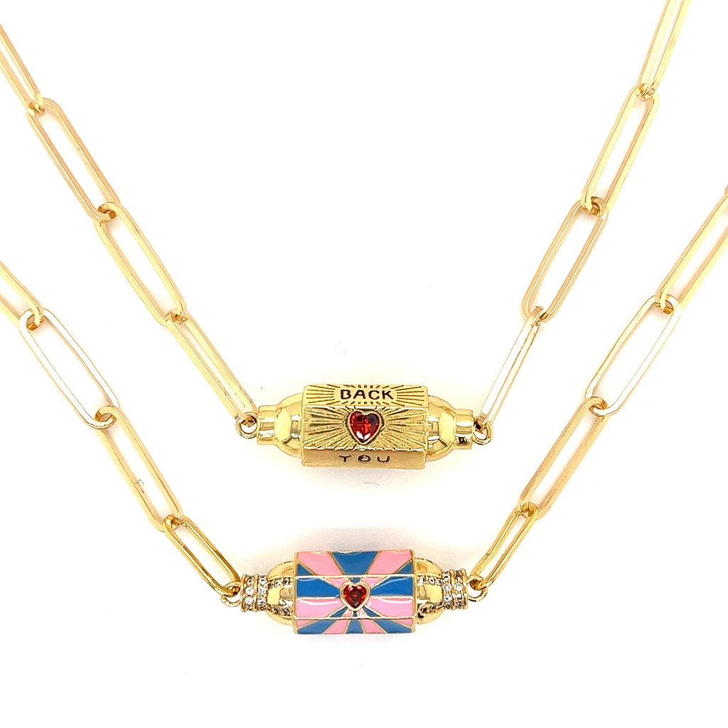 Gold Filled Paperclip Necklace with Love Bar Charm: Pink & Blue Enamel